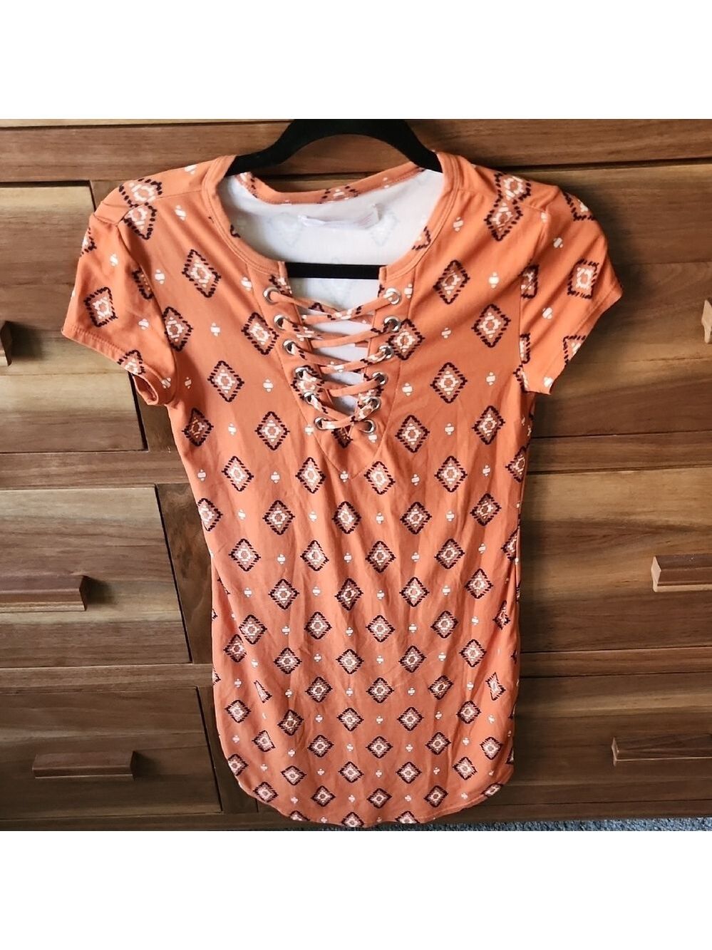 No Boundaries Orange Lace Up Detail Soft Comfy Mini Short Sleeve Shirt Dress